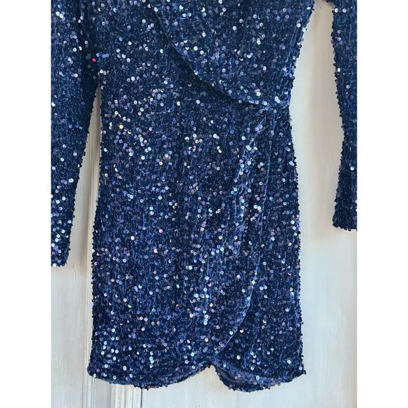 LUSH Blue Sequin One-Shoulder Bodycon Cocktail Dress Sparkly Party Mini Sz S - Picture 3 of 14